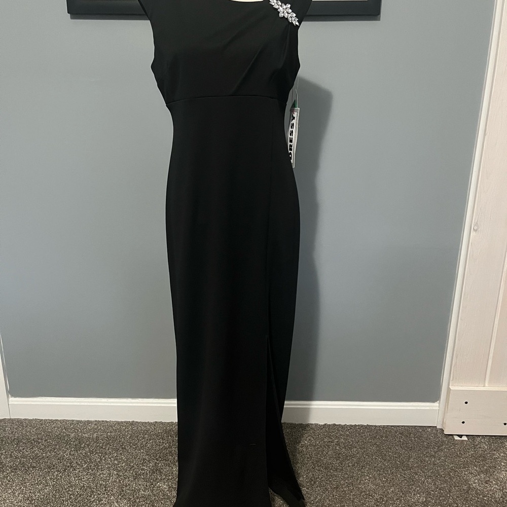 SLNY Black Cap Shoulder Maxi Dress with Rhinestone Detail, zip back.